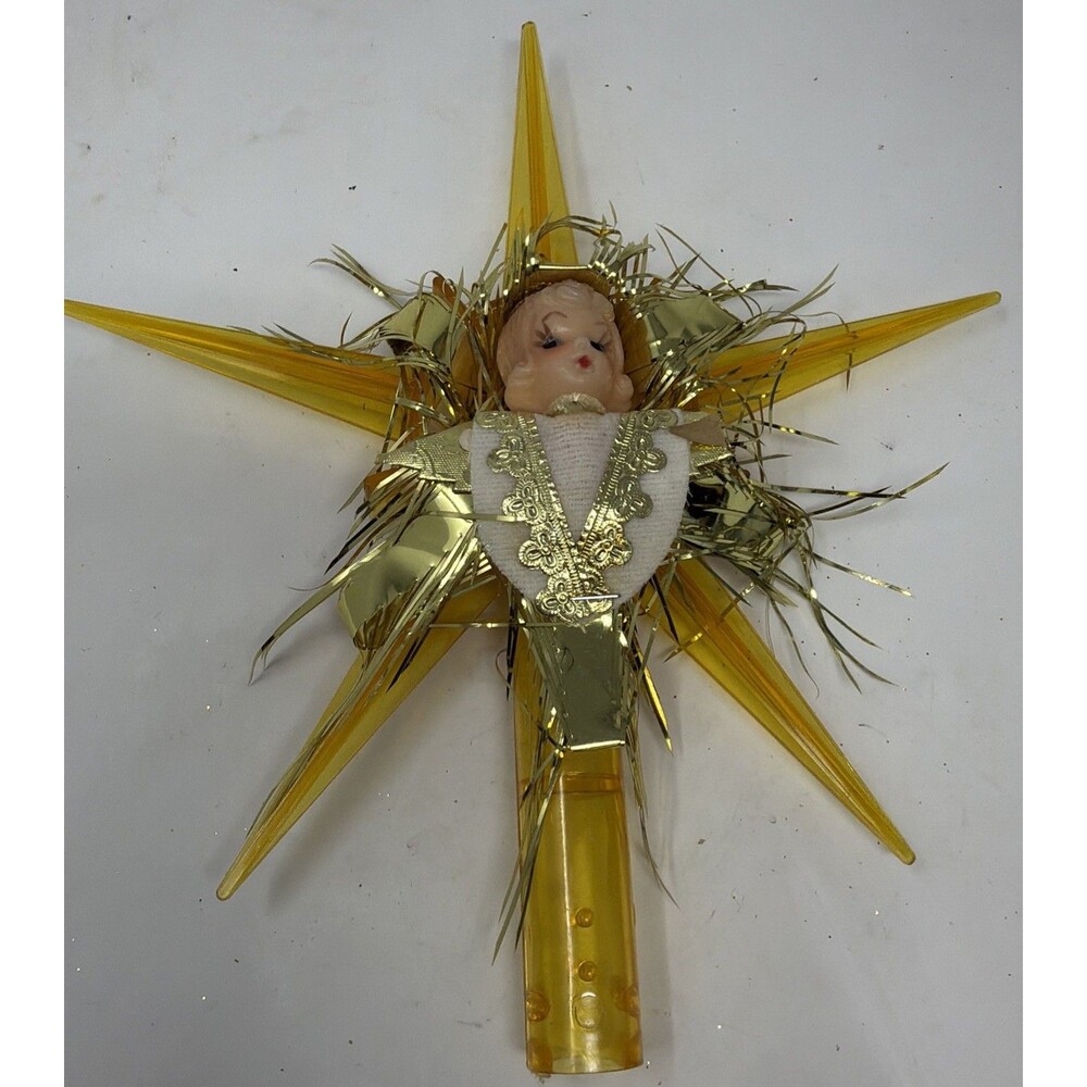 Vintage 1960s Star Christmas Tree Topper Celluloid Angel Gold